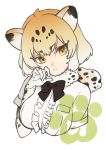  &gt;:&lt; 1girl :&lt; animal_ears black_ribbon blush breast_pocket breasts cat_ears claw_pose closed_mouth collar eyebrows eyebrows_visible_through_hair eyelashes frilled_shirt frills fur_collar gradient_hair hand_up jaguar_(kemono_friends) jaguar_ears jaguar_print japari_symbol kemono_friends large_breasts looking_at_viewer multicolored_hair neck_ribbon nose_blush orange_eyes orange_hair pocket ribbon shirt short_hair short_sleeves sidelocks simple_background solo sumeragi_kohaku tsurime two-tone_hair upper_body white_background white_hair white_shirt 