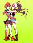  10s 2girls artist_request bad_id baseball_cap blue_eyes boots brown_eyes brown_hair full_body genderswap genderswap_(mtf) hat holding hug legs long_hair multiple_girls pokemon pokemon_(game) pokemon_bw ponytail popped_collar short_hair shorts simple_background skirt suhoi touko_(pokemon) touya_(pokemon) wristband yuri 