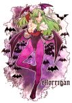  1girl adjusting_hair arm_up bad_id bare_shoulders bat bat_print bat_wings black_shoes blush boots breasts capcom character_name cleavage demon_girl detached_sleeves eyelashes female green_hair hand_in_hair head_wings kano large_breasts leg_up legs leotard long_hair looking_at_viewer morrigan_aensland pantyhose patterned_legwear print_legwear shoes solo standing_on_one_leg succubus vampire_(game) wings 