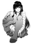  1girl black_hair feet highres long_hair monochrome mushi024 no_shoes pantyhose pov_feet school_uniform serafuku sitting soles toes 