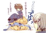  3girls brown_hair coat cream_puff full_body knees_up long_sleeves lyrical_nanoha mahou_shoujo_lyrical_nanoha mahou_shoujo_lyrical_nanoha_a&#039;s mahou_shoujo_lyrical_nanoha_a&#039;s_portable:_the_battle_of_aces material-d material-l material-s multiple_girls short_hair silver_hair simple_background takana white_background x_hair_ornament 