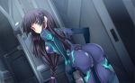  1girl ass beads bent_over blush bodysuit bodysuit_pull breasts butterfly butterfly_hair_ornament circe_steinhoff dutch_angle from_behind game_cg hair_beads hair_ornament hair_ribbon highres indoors long_hair looking_at_viewer looking_back low-tied_long_hair mimizuku_auru muvluv official_art ribbon schwarzesmarken shiny shiny_clothes skin_tight smile solo very_long_hair violet_eyes 