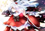  1girl black_bow black_bowtie black_wings blush bow bowtie capelet closed_mouth demon_wings floating_hair frills from_side grey_eyes hair_bobbls kikuichi_monji long_hair long_sleeves looking_away profile shinki silver_hair solo touhou touhou_(pc-98) upper_body wide_sleeves wings 