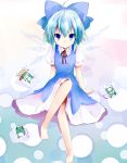  1girl barefoot blue_eyes blue_hair bow cirno dress frog frozen hair_bow hat ice neck_ribbon pyonta ribbon shichinose smile solo touhou wings 