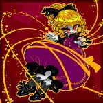  1girl black_bow blonde_hair bow dress hair_bow highres kurodani_yamame nail_polish no_nose open_mouth pale_skin purple_dress red_background red_eyes red_nails silk solo spider_web touhou yt_(wai-tei) 