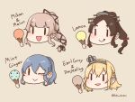  4girls black_hair blonde_hair blue_hair braid crown french_braid gotland_(kancolle) hair_flaps hair_tie headgear high_ponytail ice_cream_cone kamoku_nagi kantai_collection long_hair mini_crown mole mole_under_eye multi-tied_hair multiple_girls nisshin_(kancolle) one_eye_closed pink_hair ponytail short_eyebrows solid_oval_eyes very_long_hair warspite_(kancolle) yura_(kancolle) 