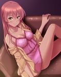  1girl blush breasts cleavage couch esuti highres idolmaster idolmaster_cinderella_girls idolmaster_cinderella_girls_starlight_stage jougasaki_mika long_hair looking_at_viewer nightgown off_shoulder pink_hair smile solo yellow_eyes 