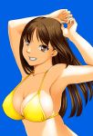  1girl armpits bikini black_hair breasts brown_eyes grin kawanuma_uotsuri large_breasts long_hair original smile solo swimsuit 