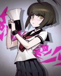  &gt;:( 1girl ahoge arched_back bangs black_hair black_skirt blush bracelet closed_mouth cowboy_shot dangan_ronpa eyebrows eyebrows_visible_through_hair green_eyes highres holding huge_ahoge ilya_kuvshinov jewelry looking_at_viewer megaphone naegi_komaru neckerchief nose_blush pleated_skirt school_uniform serafuku serious shadow short_hair short_sleeves skirt solo standing zettai_zetsubou_shoujo 