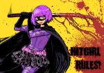  1girl belt blood butcherboy cape english gloves hit-girl katana kick-ass marvel mask miniskirt purple_hair red_eyes short_hair skirt solo sword weapon 