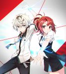  1boy 1girl agata_katsuhira arm_up belt blue_eyes blue_necktie blue_ribbon chromatic_aberration eyebrows eyebrows_visible_through_hair hair_between_eyes hair_ornament hair_scrunchie kiznaiver looking_at_viewer neck_ribbon necktie red_eyes redhead ribbon school_uniform scrunchie short_hair silver_hair skirt takashiro_chidori tsuedzu 