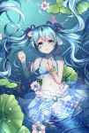  1girl blue_eyes blue_hair chuor_(chuochuoi) collarbone from_above hair_ornament hatsune_miku highres long_hair looking_at_viewer lying mermaid monster_girl navel on_back partially_submerged solo twintails vocaloid 