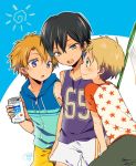  3boys black_hair blonde_hair blue_eyes blush butterfly_net can child green_eyes hair_between_eyes hand_net holding holding_can ishitake_(syotauho) jersey looking_at_another multiple_boys original raglan_sleeves shorts sleeveless sleeveless_hoodie star star_print tan zipper_pull_tab 