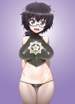  1girl arms_behind_back bare_shoulders black_hair black_panties blue_eyes blush breasts commentary_request crop_top girls_und_panzer glasses gluteal_fold highres large_breasts long_hair looking_at_viewer midriff minazuki_juuzou navel open_mouth oryou_(girls_und_panzer) panties ponytail semi-rimless_glasses simple_background smile solo standing underwear 