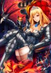  1girl absurdres armor armored_boots blonde_hair boots breasts chair cleavage cup demon_wings diadem dragon_wings earrings gauntlets greaves highres holding holding_cup iwayuu jewelry legs_crossed long_hair looking_at_viewer original pointy_ears red_eyes sitting solo sword weapon wings 