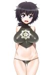  1girl arms_behind_back bare_shoulders black_hair black_panties blue_eyes blush breasts crop_top girls_und_panzer gluteal_fold highres large_breasts long_hair looking_at_viewer midriff minazuki_juuzou navel open_mouth oryou_(girls_und_panzer) panties ponytail simple_background smile solo standing underwear white_background 