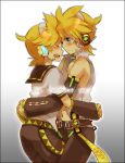  2boys bare_shoulders black_border blonde_hair blush border cowboy_shot detached_sleeves dual_persona english gradient gradient_background green_eyes headset hug ishitake_(syotauho) kagamine_len kagamine_len_(append) kagamine_len_(vocaloid4) looking_at_another male_focus midriff multiple_boys navel ponytail signature v4x vocaloid vocaloid_append 