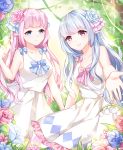  2girls absurdres blue_bow blue_eyes blue_flower blue_hair bow bowtie chuor_(chuochuoi) collarbone dress elbow_gloves eyebrows eyebrows_visible_through_hair flower gloves hair_flower hair_ornament highres long_hair looking_at_viewer multiple_girls original pink_bow pink_eyes pink_flower pink_hair pointy_ears smile white_dress 