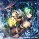  .hack// 1girl anchor antenna_hair breasts cleavage gloves green_hair guilty_dragon hat lantern long_hair looking_at_viewer nanami_(guilty_dragon) pirate_hat sidelocks skeleton solo ueooo white_gloves yellow_eyes 