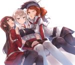  3girls akagi_(kantai_collection) aquila_(kantai_collection) black_gloves black_legwear blonde_hair blue_eyes blush brown_eyes brown_hair capelet cosplay costume_switch gloves graf_zeppelin_(kantai_collection) hair_ornament hat japanese_clothes kantai_collection long_hair multiple_girls muneate one_eye_closed open_mouth pantyhose peaked_cap ponytail sidelocks simple_background skirt smile tasuki thigh-highs twintails white_legwear yomo_(majidon) 