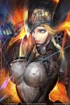  1girl 2016 armor artist_name blonde_hair blue_eyes breastplate closed_mouth dated erect_nipples eyelashes facial_mark forehead_mark gauntlets hand_up helm helmet holding holding_sword holding_weapon knight long_hair looking_at_viewer original pauldrons pink_lips shoulder_pads smile solo sonacia sword upper_body watermark weapon web_address 