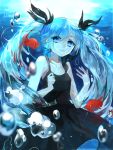  1girl black_dress black_ribbon blue_eyes blue_hair collarbone dress fish hair_ribbon hatsune_miku long_hair looking_at_viewer ribbon smile solo twintails underwater very_long_hair vocaloid yu_jiu 