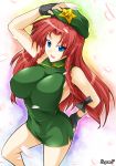  1girl blue_eyes braid breasts dress female fingerless_gloves gloves haganef hat hong_meiling huge_breasts large_breasts long_hair redhead solo star the_embodiment_of_scarlet_devil touhou twin_braids 