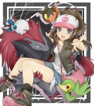  10s 180yen_(artist) 1girl between_breasts blue_eyes breasts brown_hair carrying hat oshawott pointing pokabu pokemon pokemon_(game) pokemon_bw princess_carry shorts snivy tepig touko_(pokemon) tsutaaja zoroark 