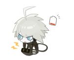  1boy ahoge android battery blue_eyes chibi dangan_ronpa keebo looking_afar male_focus new_dangan_ronpa_v3 open_mouth plug ponkotsu_(inumoyo) silver_hair simple_background solo white_background 