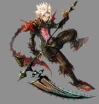  .hack// .hack//g.u. 1boy absurdres albino armor bangs deluxe&lt;&lt;&lt; expressionless full_armor full_body grey_background haseo_(.hack//) highres looking_at_viewer male_focus parted_bangs red_eyes scythe solo spiky_hair white_hair 