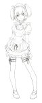  1girl bow cleavage_cutout female full_body highres legs maid maid_headdress miniskirt monochrome original popobobo ribbon short_hair simple_background skirt solo thigh-highs twintails white_background 