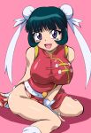  00s 1girl :3 :d aqua_hair arm_behind_back arm_support bangs bare_shoulders belt between_legs beyblade blunt_bangs breasts bun_cover china_dress chinese_clothes double_bun dress erect_nipples fingerless_gloves footwear frills gloves hand_between_legs heart highres huge_breasts kneehighs large_breasts leaning_forward legs loose_socks magatama makino_tomoyasu mei_mei_(beyblade) metal_fight_beyblade no_panties open_mouth pink_background red_skirt ribbon shadow shoes short_hair side_slit sidelocks simple_background sitting skirt sleeveless sleeveless_dress smile socks solo studded_belt sweat taut_clothes taut_dress turtleneck violet_eyes wariza white_gloves 
