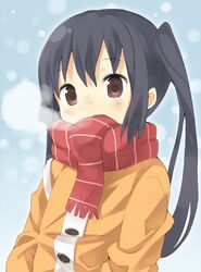  1girl amaa_(chou_dennou_jidai) bad_id black_hair breath brown_eyes coat k-on! long_hair nakano_azusa scarf snow solo striped striped_scarf twintails 