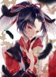  1boy absurdres armor bird black_hair blurry brown_eyes depth_of_field feathers fingernails frilled_sleeves frills hair_feathers hair_ornament highres japanese_armor japanese_clothes kogarasumaru_(touken_ranbu) light_particles lips long_fingernails long_sleeves makeup male_focus nipponia_nippon parted_lips pom_pom_(clothes) ponytail sharp_fingernails silhouette sode solo teeth touken_ranbu upper_body white_background 