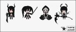  4girls :d bikini_top black_eyes black_gold_saw black_hair black_rock_shooter black_rock_shooter_(character) blue_eyes boots chibi claws dead_master demon_girl demon_tail demon_wings devil everyone gloves green_eyes grey_eyes grey_hair highres hood hoodie horns jacket katana long_hair marluxiia multiple_girls open_mouth red_eyes scar scythe short_hair shorts smile star strength_(black_rock_shooter) sword tail trench_coat twintails uneven_twintails weapon white_hair wings 
