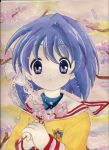  1girl blue_eyes blue_hair character_request clannad female flower fujibayashi_ryou highres nature outdoors school_uniform short_hair solo traditional_media 
