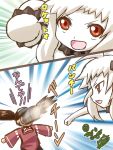  2girls artist_name brown_hair collar comic horns japanese_clothes kantai_collection kariginu magatama mittens multiple_girls northern_ocean_hime open_mouth red_eyes rocket_punch ryuujou_(kantai_collection) shinkaisei-kan smile spiked_collar spikes throwing translation_request triangle_mouth twintails visor_cap white_hair white_skin zero_jager 