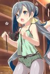  2girls ? bare_shoulders bathhouse black_panties blue_eyes camisole cowboy_shot grey_hair hair_between_eyes holding holding_panties indoors kantai_collection kiyoshimo_(kantai_collection) long_hair looking_down low_twintails multiple_girls open_mouth panties panties_over_pantyhose pantyhose polka_dot polka_dot_panties presenting_panties shelf side-tie_panties spoken_question_mark tongue torimaru twintails twitter_username underwear very_long_hair yamato_(kantai_collection) 