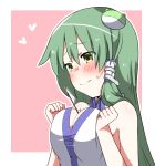  1girl 3: bare_arms bare_shoulders blush breast_squeeze breasts cleavage collared_shirt embarrassed food frog_hair_ornament green_eyes green_hair hair_ornament heart highres kochiya_sanae kz_oji large_breasts long_hair matching_hair/eyes pocky pocky_day shirt sleeveless snake_hair_ornament solo sweat touhou very_long_hair wavy_mouth 