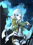  black_shorts blue_eyes blue_hair copyright_name green_jacket gun hair_ornament holding holding_gun holding_weapon jacket looking_at_viewer open_clothes open_jacket riffle scarf shinon_(sao) short_hair short_shorts shorts signature sword_art_online weapon white_scarf yu_jiu 