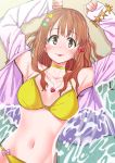  1girl :p armpits arms_up beach bikini blush brown_eyes brown_hair collarbone hair_ornament idolmaster idolmaster_cinderella_girls jewelry long_hair looking_at_viewer lying misibe moroboshi_kirari navel necklace ocean on_back sleeves_past_wrists smile solo swimsuit tongue tongue_out yellow_bikini 