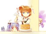  3girls apron blue_hair brown_hair cake food lyrical_nanoha mahou_shoujo_lyrical_nanoha mahou_shoujo_lyrical_nanoha_a&#039;s mahou_shoujo_lyrical_nanoha_a&#039;s_portable:_the_battle_of_aces material-d material-l material-s multiple_girls short_hair sleeves_rolled_up tail takana twintails 