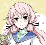  1girl akashi_(kantai_collection) blush bouquet close-up flower green_eyes hair_ornament hair_ribbon heart kantai_collection kikuichi_monji long_hair looking_at_viewer pink_hair portrait ribbon school_uniform serafuku smile solo tress_ribbon twintails 