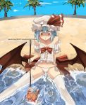  1girl :o adapted_costume bare_shoulders bat_wings beach blue_hair bustier collarbone crab day faustsketcher female hat low_wings no_bra outdoors palm_tree panties partially_submerged pointy_ears red_eyes remilia_scarlet short_hair side-tie_panties sitting solo spread_legs staring stick thigh-highs touhou tree underwear water watermark web_address white_legwear wings 