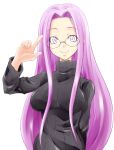  1girl breasts fate/hollow_ataraxia fate/stay_night fate_(series) glasses long_hair pink_eyes purple_hair rider solo sweater very_long_hair violet_eyes zanku 