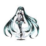  1girl absurdly_long_hair bare_shoulders barefoot black_legwear blue_eyes blue_hair breasts detached_sleeves divine_gate floating_hair floating_necktie full_body grey_necktie hair_between_eyes hatsune_miku long_hair looking_at_viewer medium_breasts miku_append navel necktie official_art shadow solo thigh-highs transparent_background ucmm very_long_hair vocaloid vocaloid_append 