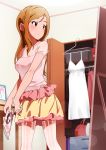  1girl bag camisole closet clothes_hanger computer dress handbag idolmaster idolmaster_million_live! laptop looking_at_mirror magazine miniskirt mirror momose_rio orange_hair pantyhose red_eyes see-through skirt solo takahashi_umori white_dress 