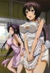  2girls :d absurdres ahoge apron black_hair blush breasts brown_hair erect_nipples hair_ribbon hand_on_hip highres impossible_clothes kazehana kitchen ladle large_breasts leaning_forward lipstick long_hair makeup multiple_girls musubi naked_apron naughty_face nyantype official_art one_eye_closed open_mouth orange_eyes ponytail purple_hair ribbon sekirei smile standing thighs tomooka_shinpei very_long_hair violet_eyes window wink 