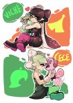  +_+ 2girls ankle_boots aori_(splatoon) aori_(splatoon)_(cosplay) black_dress black_hair boots brown_eyes cece_(doubutsu_no_mori) cosplay crossover detached_collar domino_mask doubutsu_no_mori dress earrings food food_on_face food_on_head full_body gloves green_legwear grey_hair heart holding hotaru_(splatoon) hotaru_(splatoon)_(cosplay) hug indian_style jewelry light_smile long_hair looking_at_another looking_at_viewer mask mole mole_under_eye multiple_girls object_on_head pointy_ears purple_legwear short_dress short_hair short_jumpsuit sitting splatoon squirrel strapless strapless_dress tail_wagging tentacle_hair viche_(doubutsu_no_mori) white_gloves wong_ying_chee 