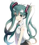  1girl :o anime_coloring aqua_eyes aqua_hair big_hair hatsune_miku long_hair looking_at_viewer necktie open_mouth saya_(mychristian2) sleeveless solo tattoo twintails v_arms very_long_hair vocaloid white_background 